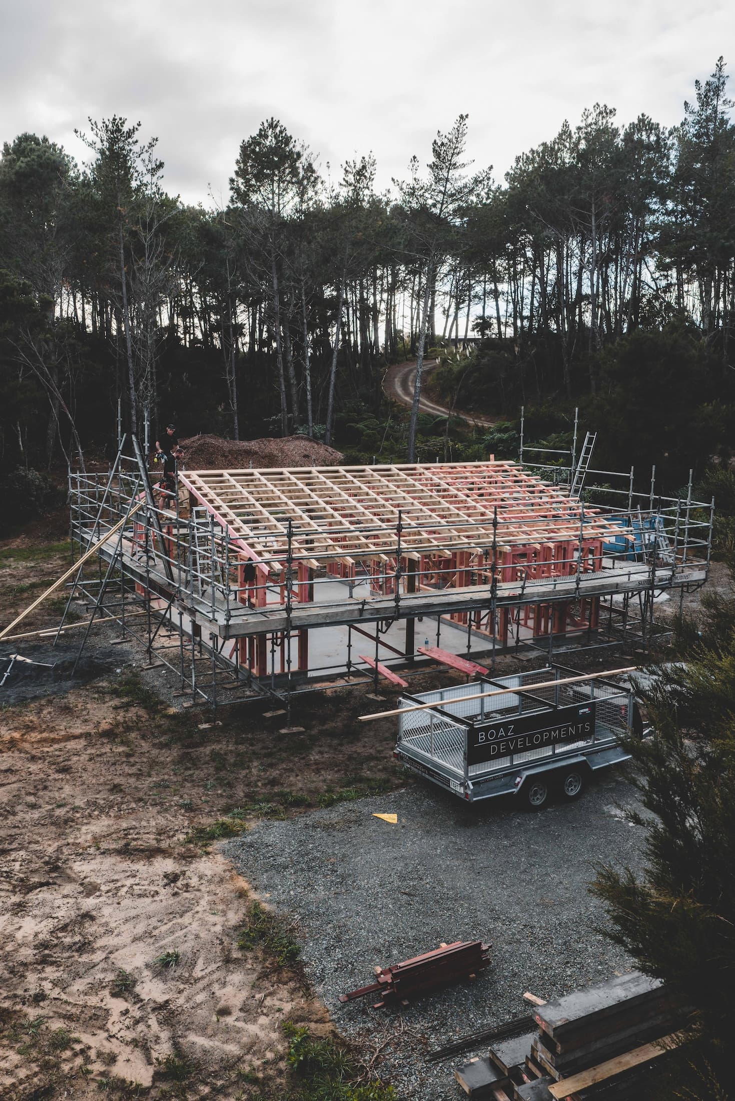 Mangawhai Heads bush camp - aerial view of the build site
